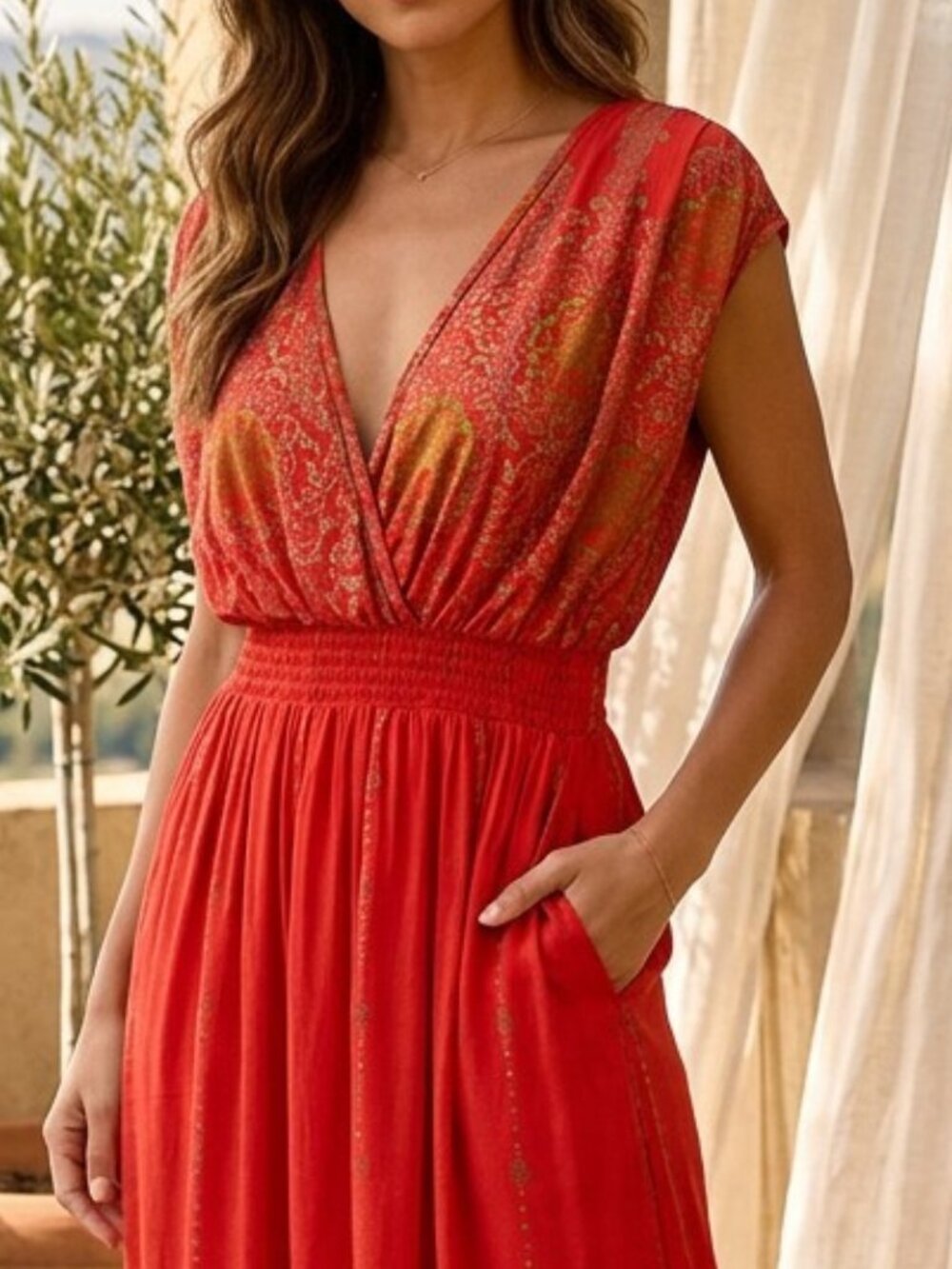 LAPOGEE TRIBAL PRINT RED GOLD BOHEMIAN V-NECK MAXI DRESS - Picture 2 of 9